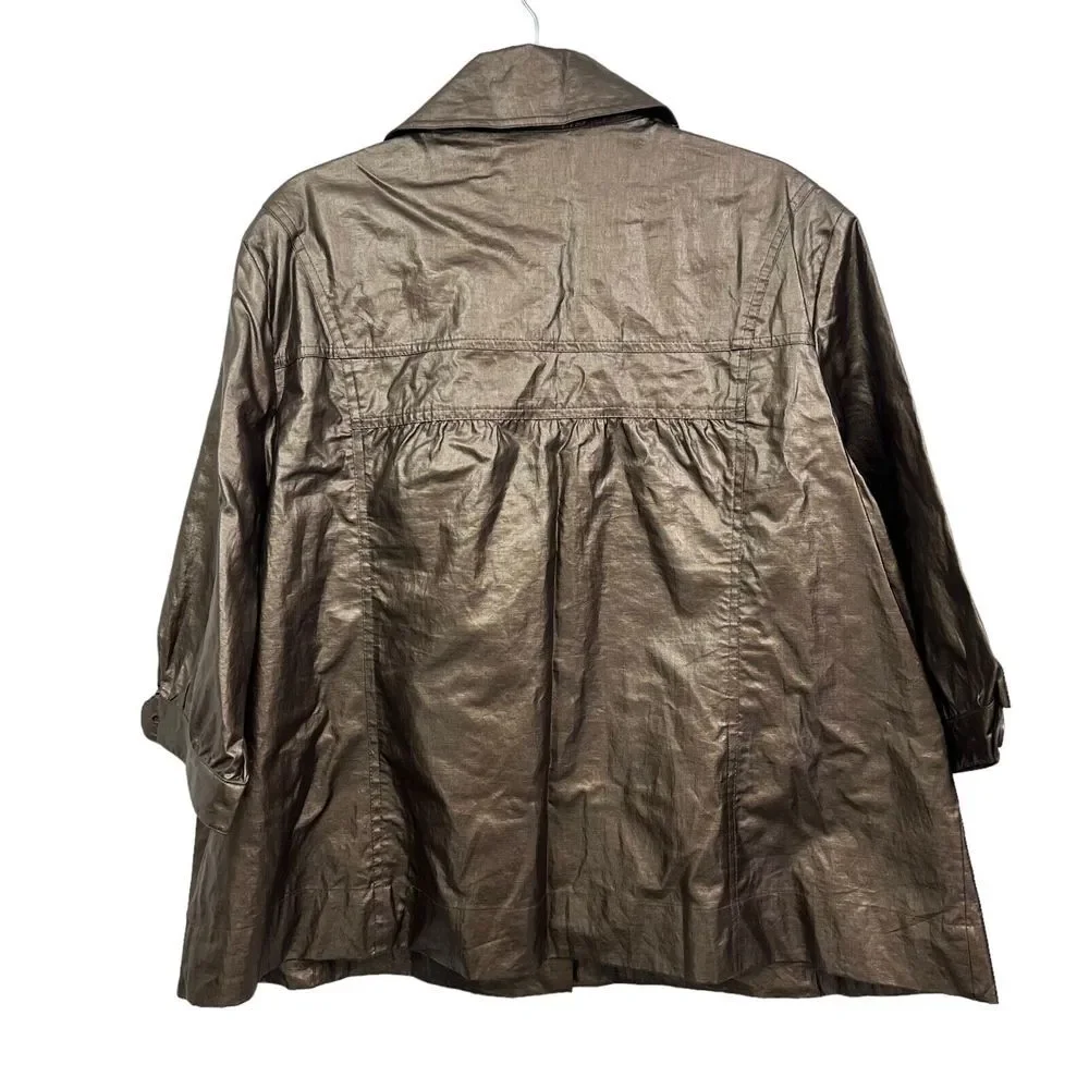 Chico's Womens Swing Linen Jacket Coated Metallic Bronze Button 3/4 Sleeve Sz 3* - Picture 4 of 5